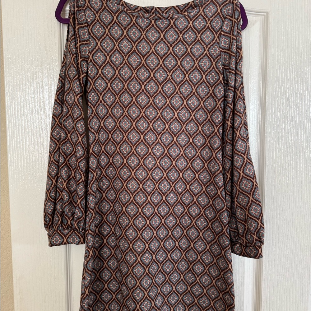 Brown Tan Long Sleeve Sheath Dress with Bateau Neckline